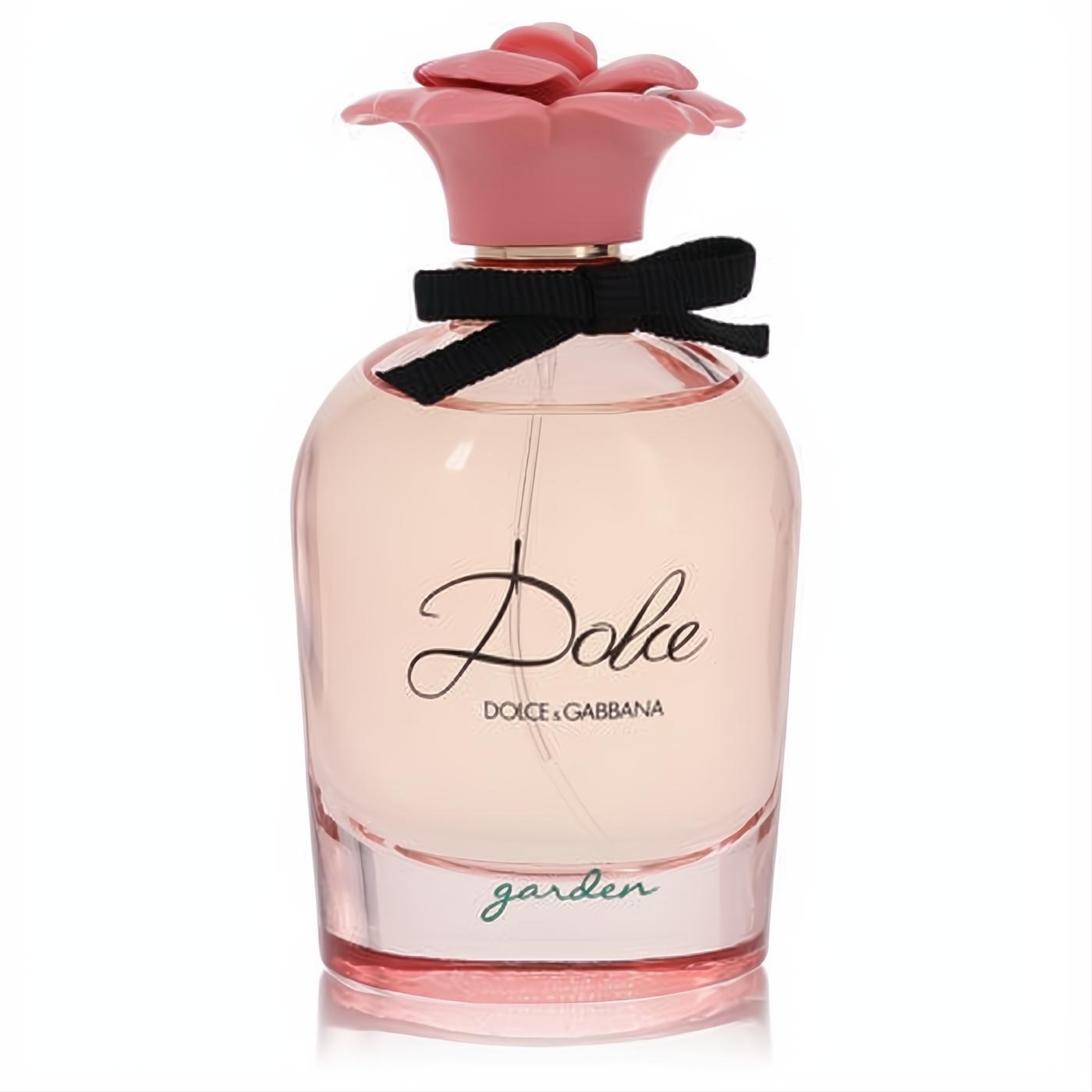 Signature Dolce Garden 2.5 oz women's Eau De Parfum. Elegant glass bottle with a pink floral cap, black ribbon, and soft pink liquid.