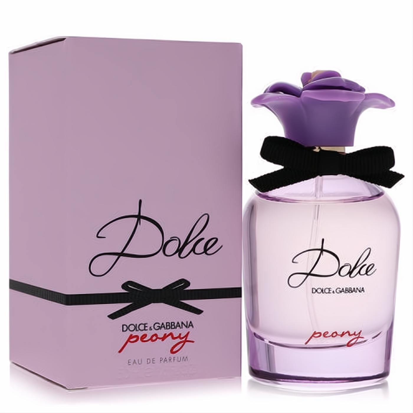 Dolce Peony by Dolce & Gabbana 1.6 oz EDP spray, featuring a clear bottle with vibrant purple peony cap and black ribbon.