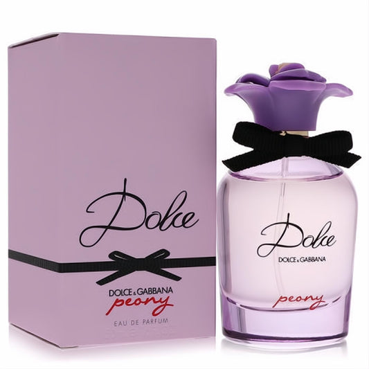 Dolce Peony by Dolce & Gabbana 1.6 oz EDP spray, featuring a clear bottle with vibrant purple peony cap and black ribbon.