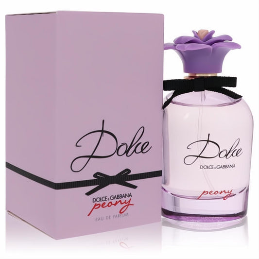 Dolce & Gabbana Dolce Peony 2.5 oz EDP for women. Elegant clear bottle, purple floral cap, and black bow.