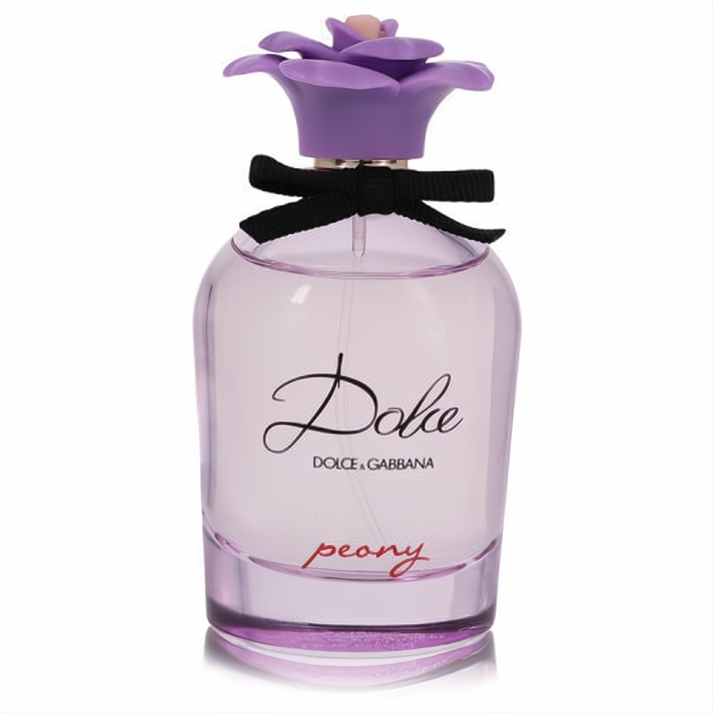 Exquisite Dolce Peony women's EDP spray: clear glass bottle, soft purple liquid, lavender peony cap, and elegant black ribbon bow.