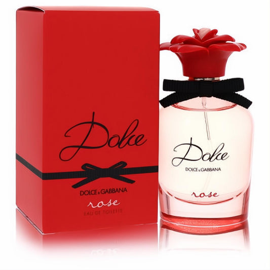 Exquisite Dolce Rose women's EDT. Pink fragrance in a clear bottle with a vibrant red rose cap, black bow, and matching red box.
