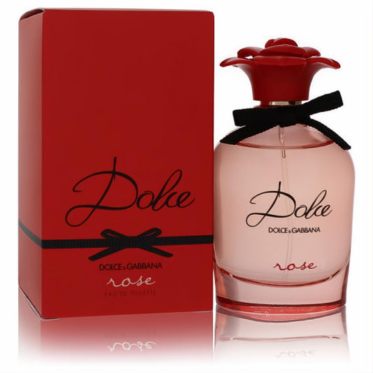 Luxurious Dolce Rose by Dolce & Gabbana 2.5 oz EDT. Pink fragrance in a clear bottle with a stunning red rose cap and black bow, beside its vibrant red box.