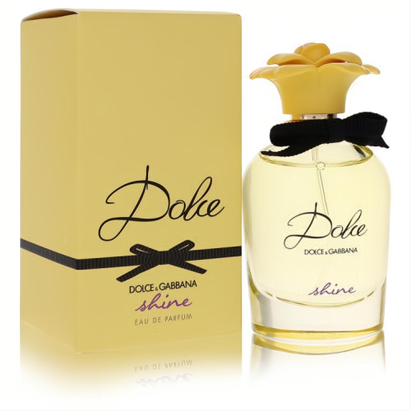 Dolce & Gabbana Dolce Shine 1.7oz EDP bottle with vibrant yellow floral cap, elegant black ribbon, and golden box.