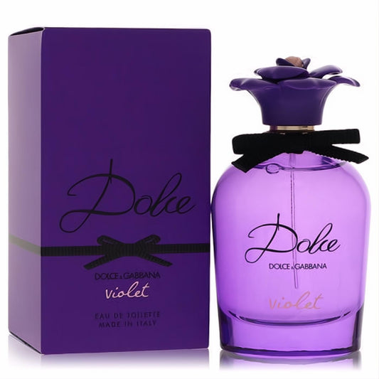 Dolce Violet by D&G 2.5 oz EDT spray. Vibrant purple glass bottle with a violet flower cap and black ribbon, with its matching box.