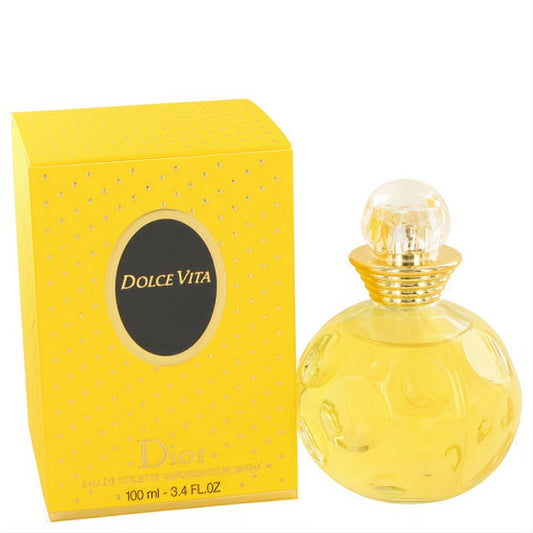 Dolce Vita Christian Dior 3.4 oz EDT. Golden fragrance in an elegant, embossed glass bottle with faceted cap, next to vibrant yellow box.