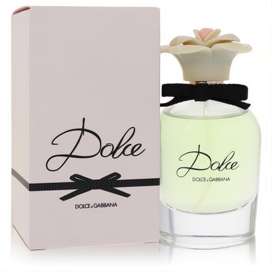 Captivating Dolce & Gabbana Dolce Eau de Parfum bottle with pale green liquid, elegant floral cap, and black bow, next to its chic pink box.