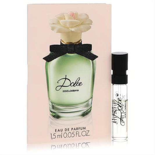 Dolce & Gabbana Dolce women's perfume 0.05 oz sample vial. Clear glass, black cap, with pink card featuring the elegant green bottle.