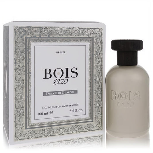 Elegant Bois 1920 Dolce di Giorno 3.4 oz EDP spray bottle and ornate box. Luxurious light gray design with a sleek black cap.