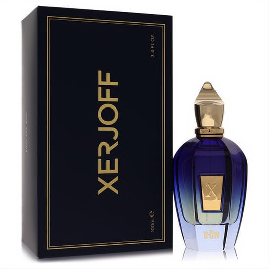 Experience Don Xerjoff 3.4 oz unisex fragrance: an elegant gradient blue bottle with ornate gold cap, beside its sleek black and gold box.