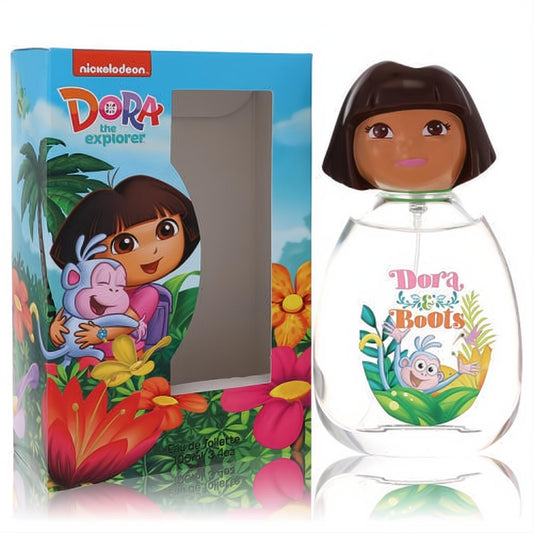 Adorable Dora and Boots 3.4 oz EDT spray. Clear bottle with a brown Dora head cap and vibrant tropical box.
