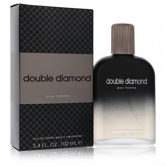 Sophisticated Double Diamond pour homme 3.4 oz EDT spray. Features a sleek black to frosted bottle with a ribbed cap and matching diamond-patterned box.