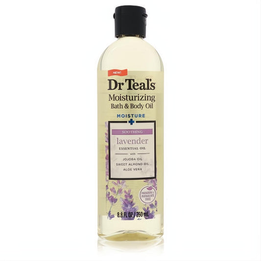 Experience Dr Teal's 8.8 oz lavender essential oil bath & body oil in a clear bottle for soothing hydration.