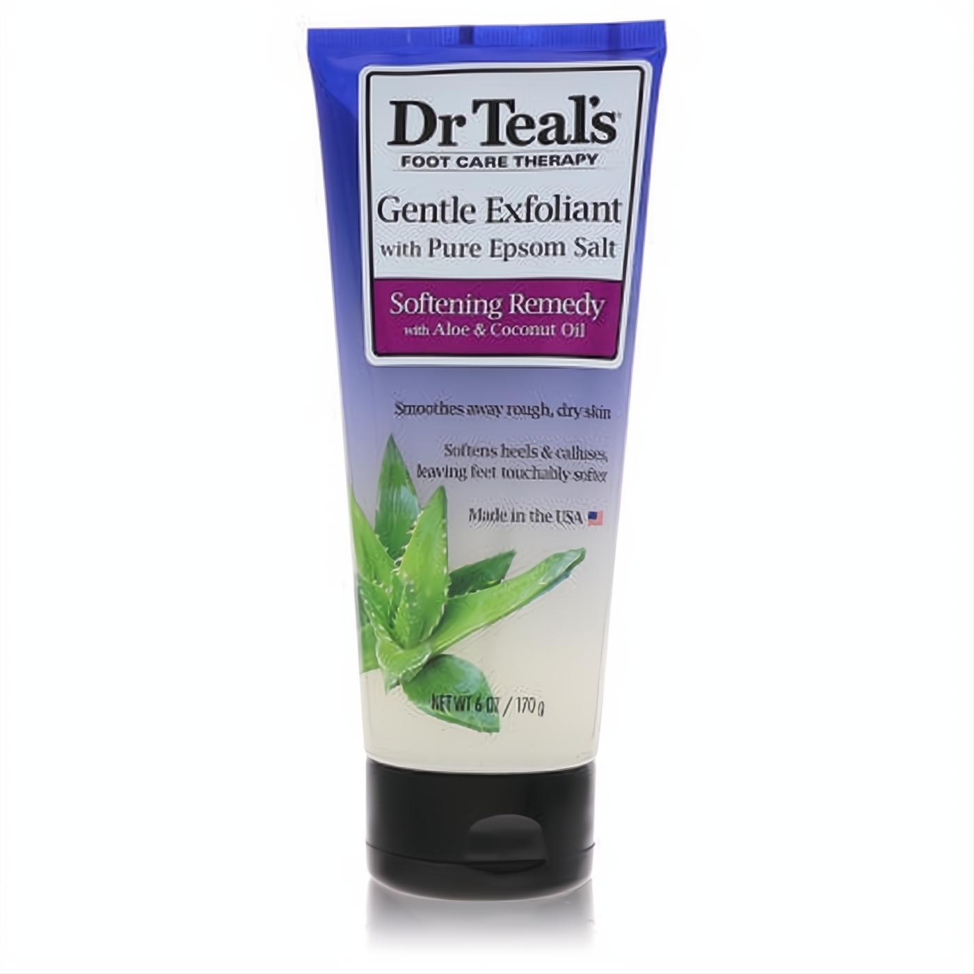 Dr Teal's 6 oz lavender foot exfoliant tube, a softening remedy with Epsom salt and aloe vera for smooth, touchably soft skin.