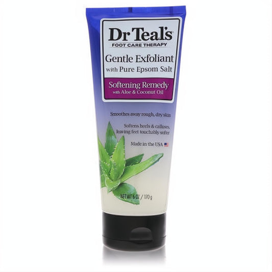 Dr Teal's 6 oz lavender foot exfoliant tube, a softening remedy with Epsom salt and aloe vera for smooth, touchably soft skin.