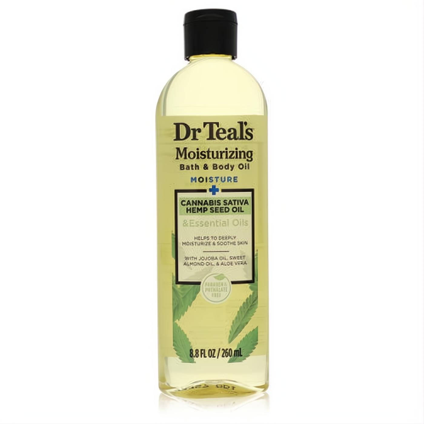 Dr Teal's 8.8 oz Cannabis Sativa Hemp Seed Moisturizing Bath & Body Oil. Clear bottle, black cap, green leaf label for soft skin.