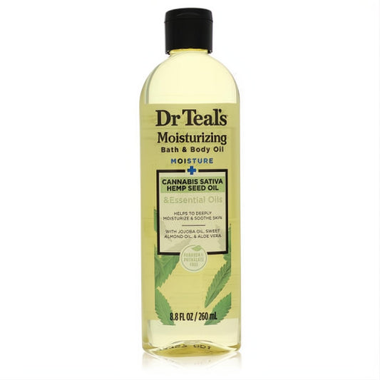 Dr Teal's 8.8 oz Cannabis Sativa Hemp Seed Moisturizing Bath & Body Oil. Clear bottle, black cap, green leaf label for soft skin.