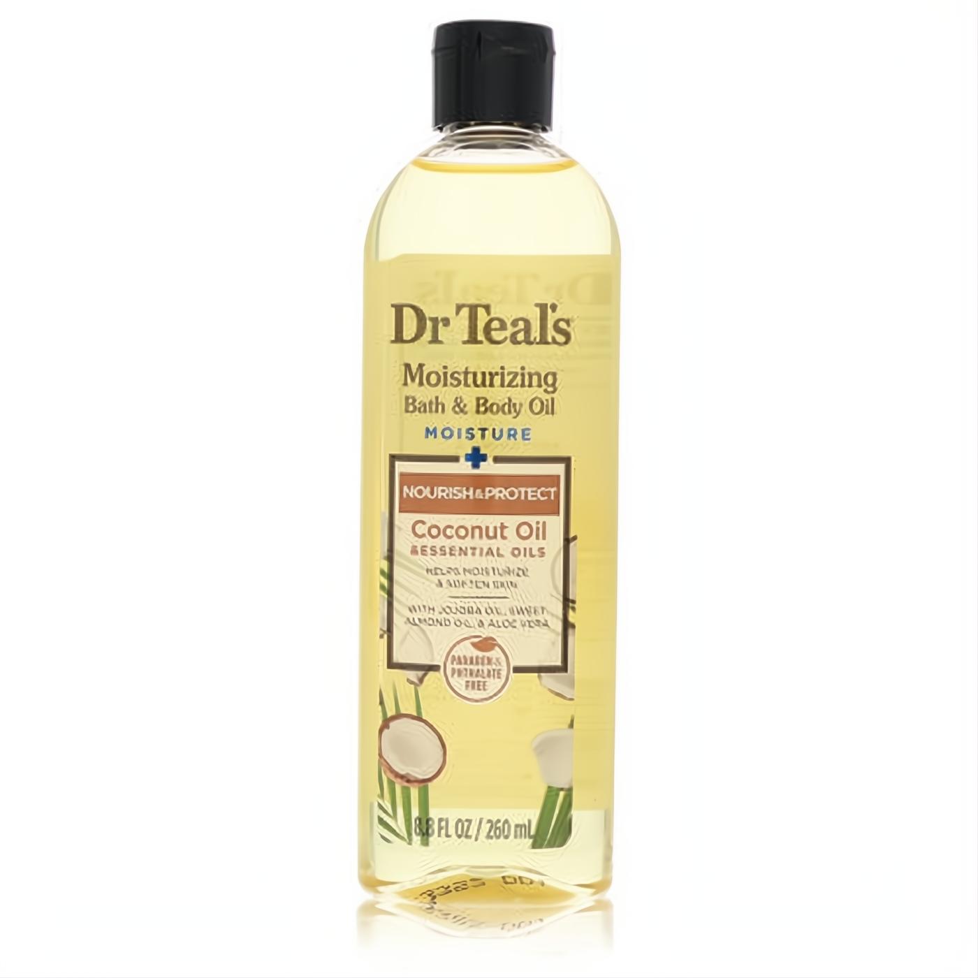Dr Teal's 8.8 oz moisturizing coconut bath & body oil in clear bottle with black cap.