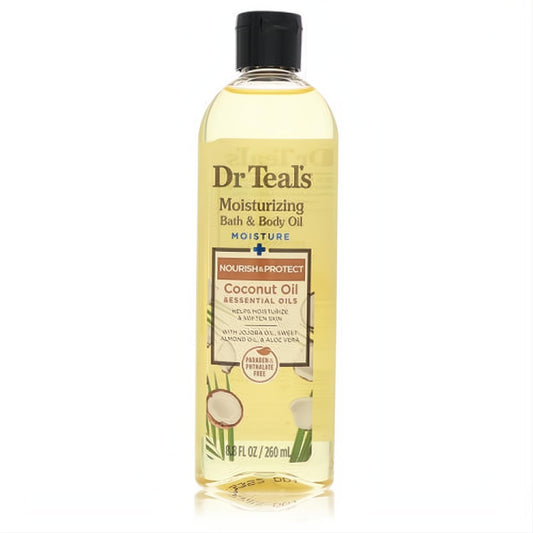 Dr Teal's 8.8 oz moisturizing coconut bath & body oil in clear bottle with black cap.