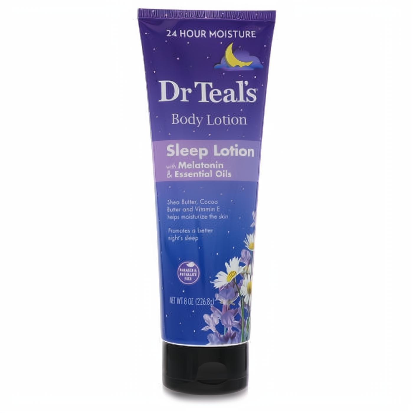Dr Teal's 8 oz deep purple Sleep Lotion tube, featuring a moon, stars, and soothing flowers. Promotes restful sleep with melatonin & essential oils.