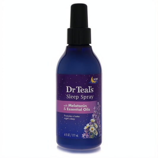 Dr Teal's 6 oz deep blue Sleep Spray. Relax with melatonin & essential oils, showcased on a soothing purple label.
