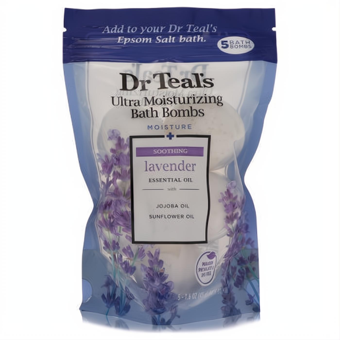 Dr Teal's 5 Ultra Moisturizing lavender bath bombs in a clear blue pouch, enriched with essential, jojoba, and sunflower oils.