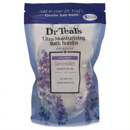 Dr Teal's 5 Ultra Moisturizing lavender bath bombs in a clear blue pouch, enriched with essential, jojoba, and sunflower oils.