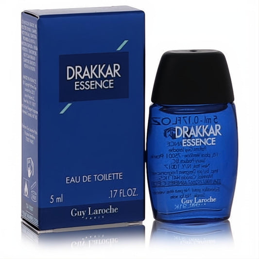 Sophisticated Drakkar Essence by Guy Laroche .17 oz mini EDT. Bold blue bottle, black cap, and elegant matching box.