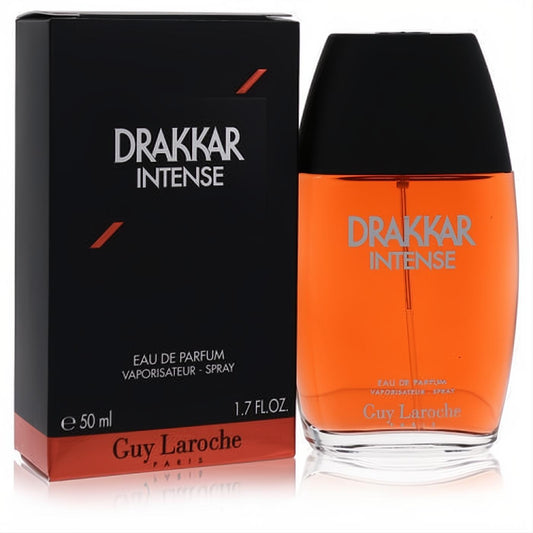 Bold Drakkar Intense 1.7 oz men's EDP spray bottle with vibrant orange liquid and sleek black cap, beside its matching black and orange box.