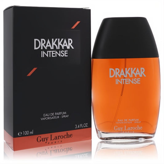 Drakkar Intense 3.4 oz Eau de Parfum. Bold orange bottle with black cap, showcased with its sleek black and orange box.
