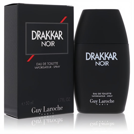 Drakkar Noir 1.7 oz EDT spray. Bold matte black bottle and matching box with crisp white lettering for a classic scent.