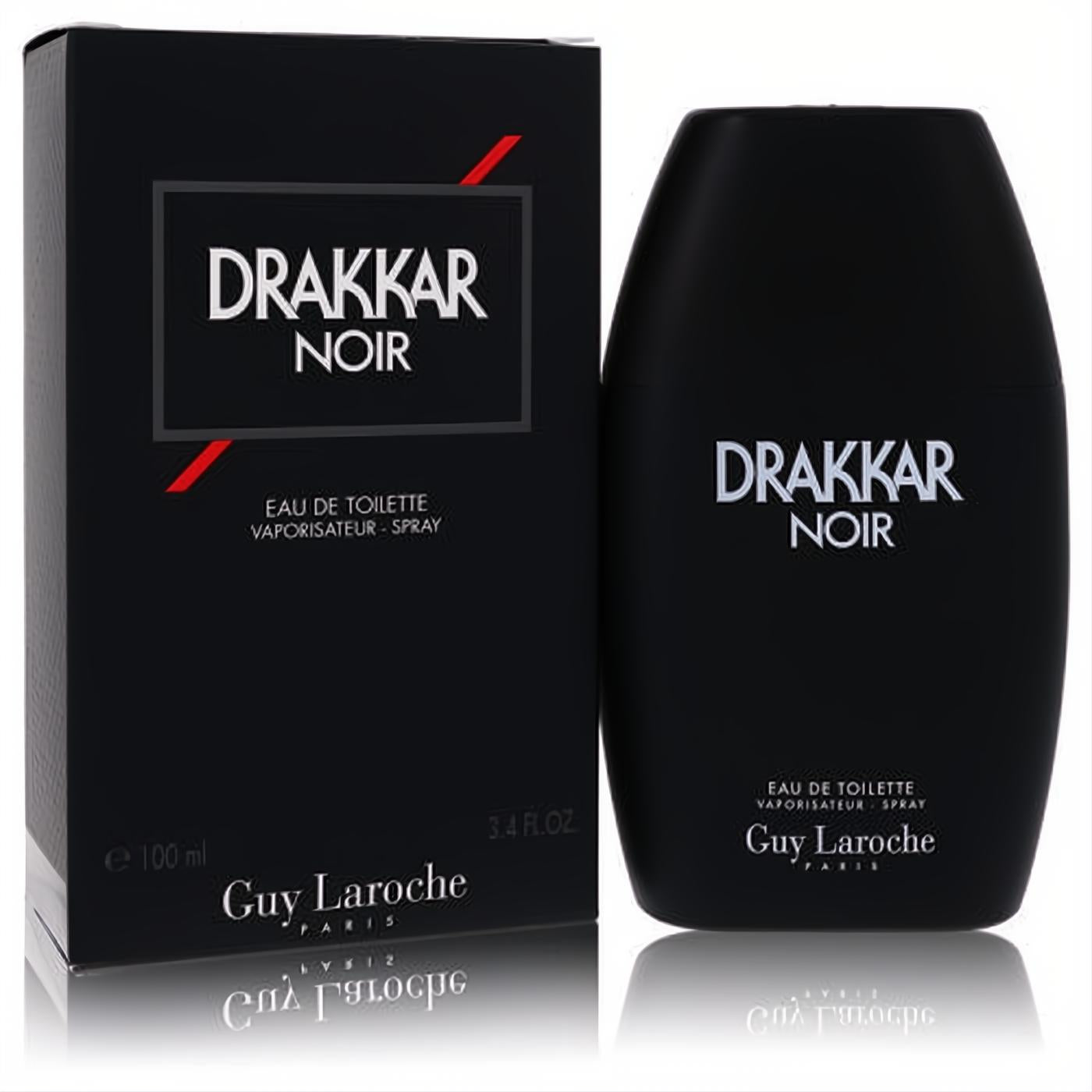 Drakkar Noir 3.4 oz Eau De Toilette spray in a sleek black matte bottle, displayed with its matching retail box featuring a red accent.
