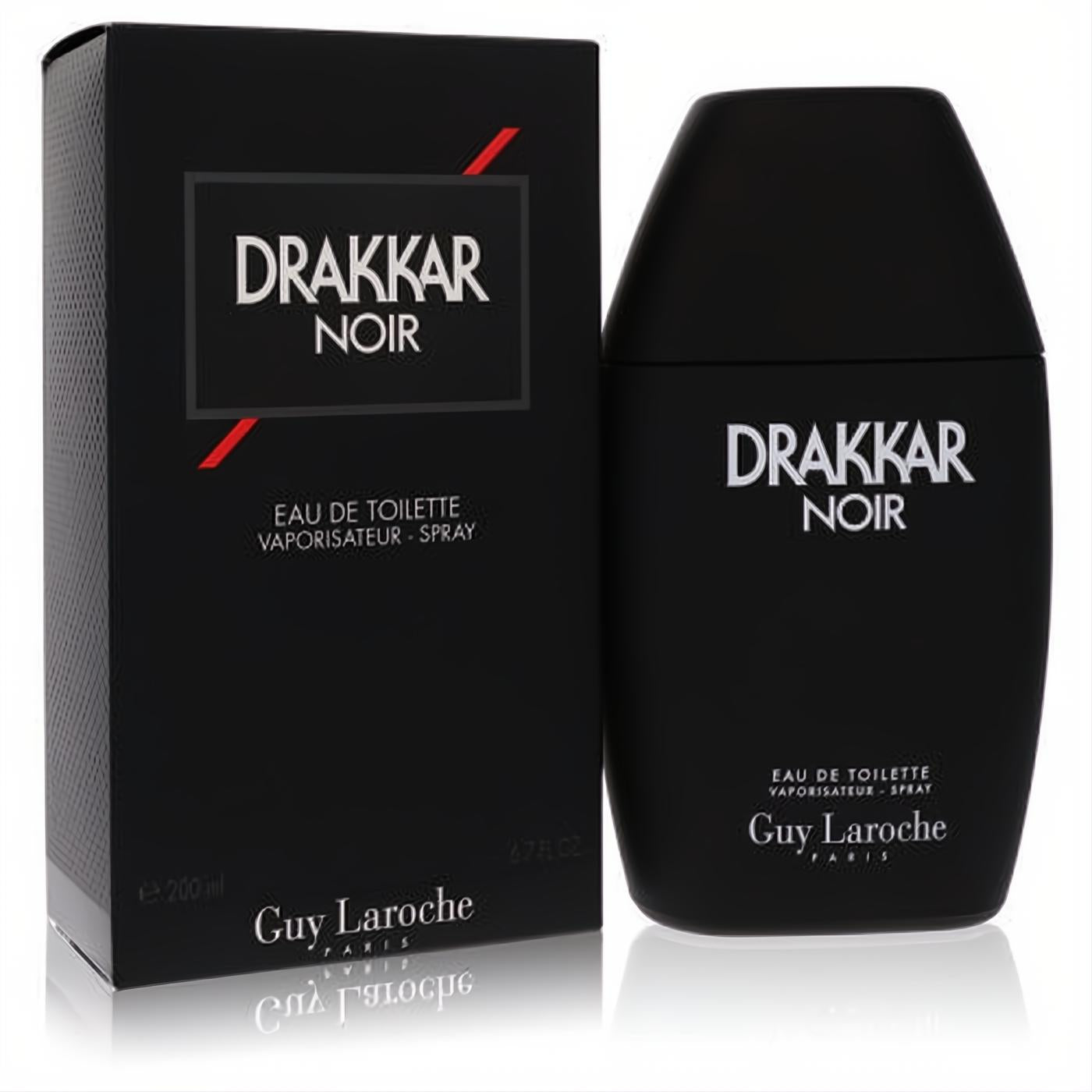 Drakkar Noir 6.7 oz Eau De Toilette spray in a striking matte black bottle and elegant matching box for men.