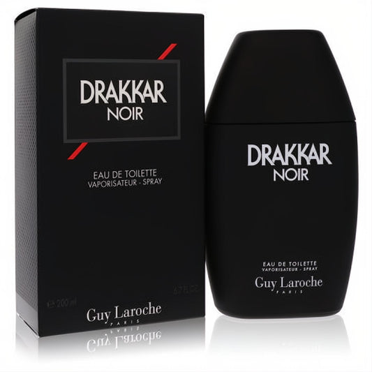Drakkar Noir 6.7 oz Eau De Toilette spray in a striking matte black bottle and elegant matching box for men.