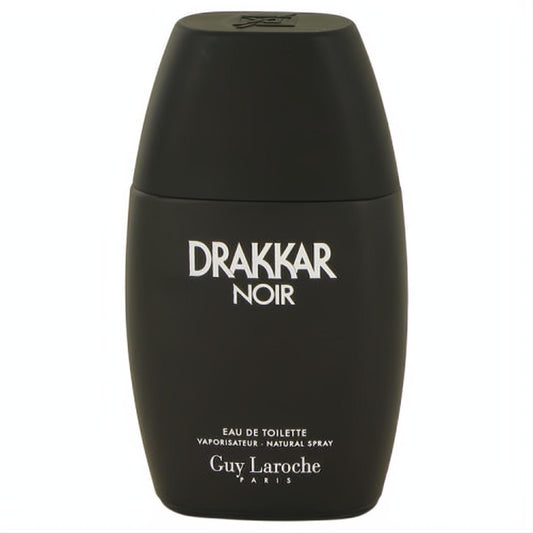 Drakkar Noir men's fragrance in a sleek, ergonomic matte black spray bottle with crisp white Guy Laroche branding.