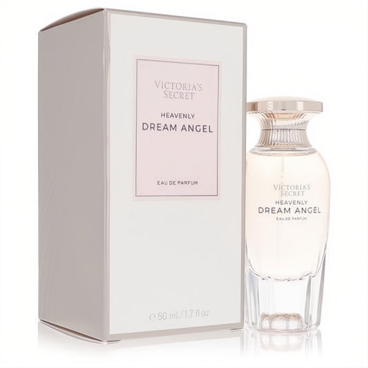 Victoria's Secret Heavenly Dream Angel 1.7 oz Eau De Parfum. Elegant clear glass bottle with light pink liquid and sophisticated matching box.