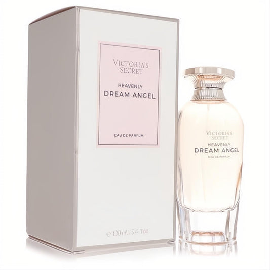 Elegant Victoria's Secret Dream Angels Heavenly 3.4 oz Eau De Parfum spray, featuring a clear bottle with a silver cap and its chic silver box.