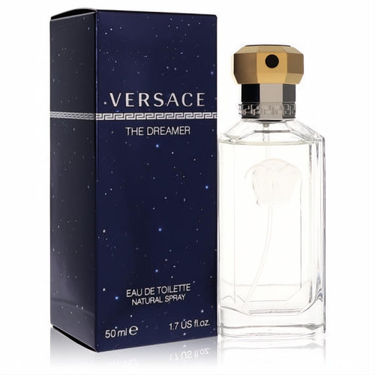 Versace The Dreamer men's 1.7 oz EDT. Elegant clear glass bottle with gold faceted cap, subtle floral detail, and dark blue starry box.