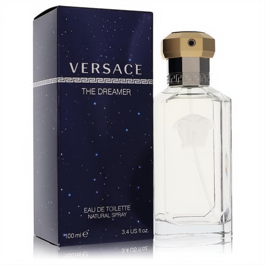 Versace The Dreamer 3.4 oz EDT. Sophisticated clear glass bottle with iconic Medusa, striking gold cap, and starry blue box.
