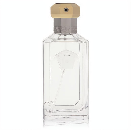 Dreamer by Versace EDT spray. Sleek clear glass bottle with iconic Medusa logo, gold cap, and silver Greek key detail.