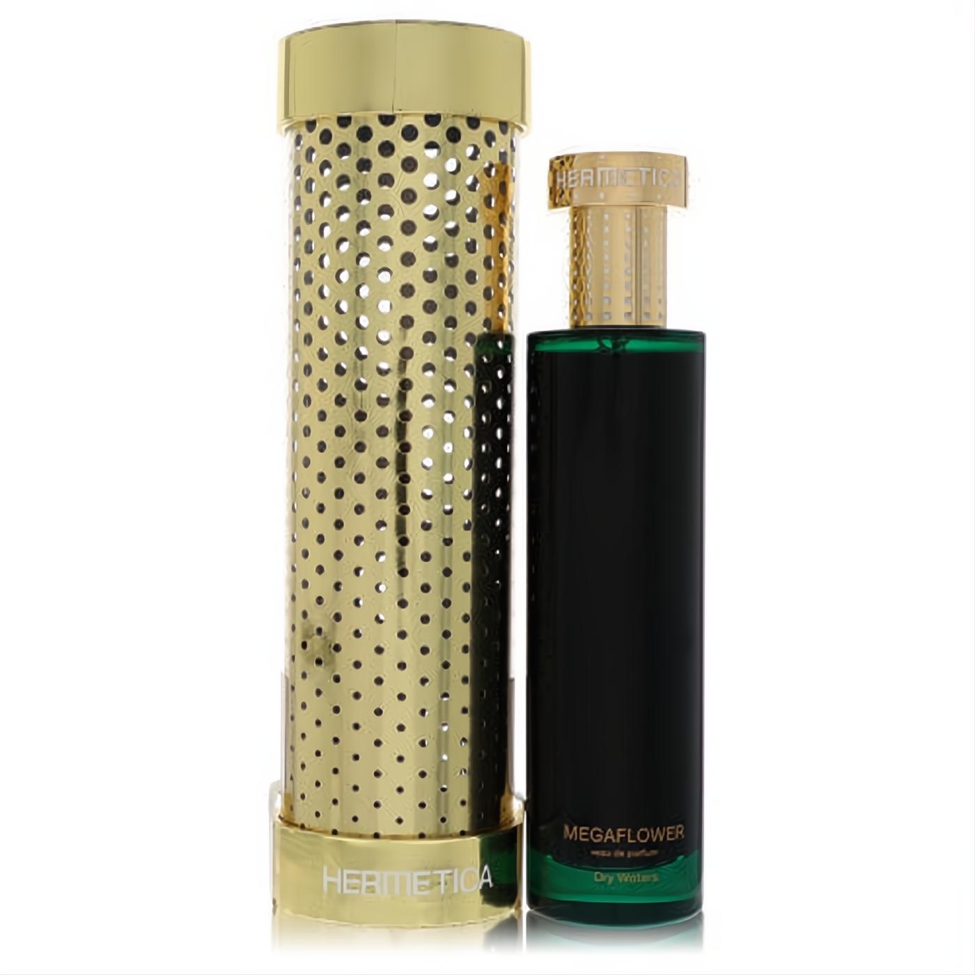 Hermetica Dry Waters Megaflower Eau De Parfum. Dark green bottle, luxurious gold cap, and distinctive perforated gold sleeve.