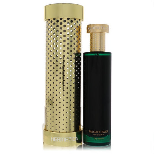 Hermetica Dry Waters Megaflower Eau De Parfum. Dark green bottle, luxurious gold cap, and distinctive perforated gold sleeve.