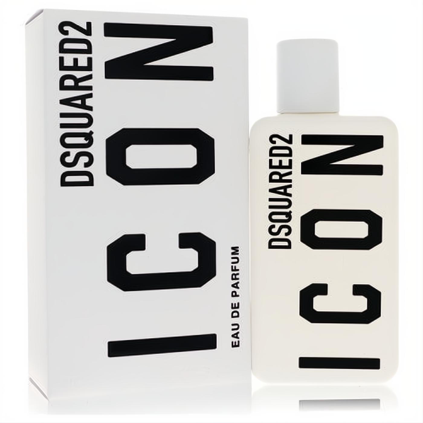 Dsquared2 Icon Eau De Parfum 3.4 oz. Modern matte white bottle with bold black logo, presented with its stylish box.