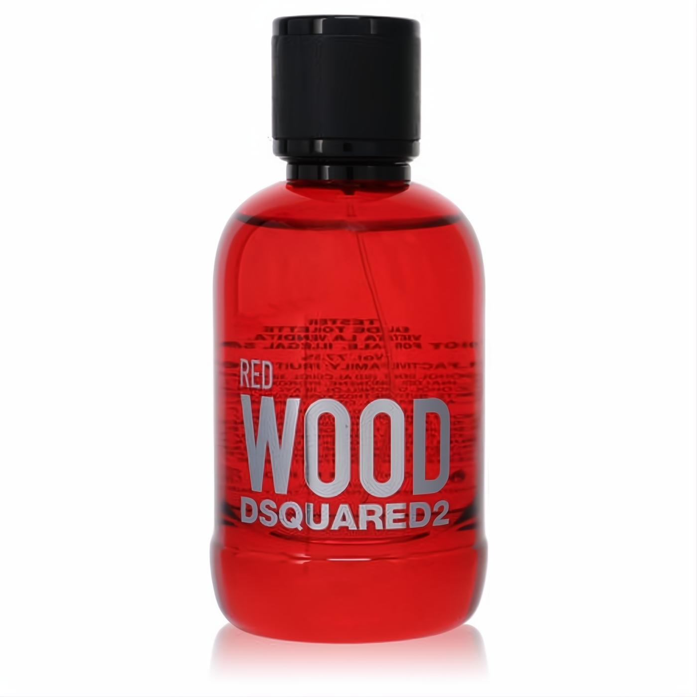 Dsquared2 Red Wood 3.4 oz women's EDT tester. Bold red glass bottle with sleek black cap and silver branding.
