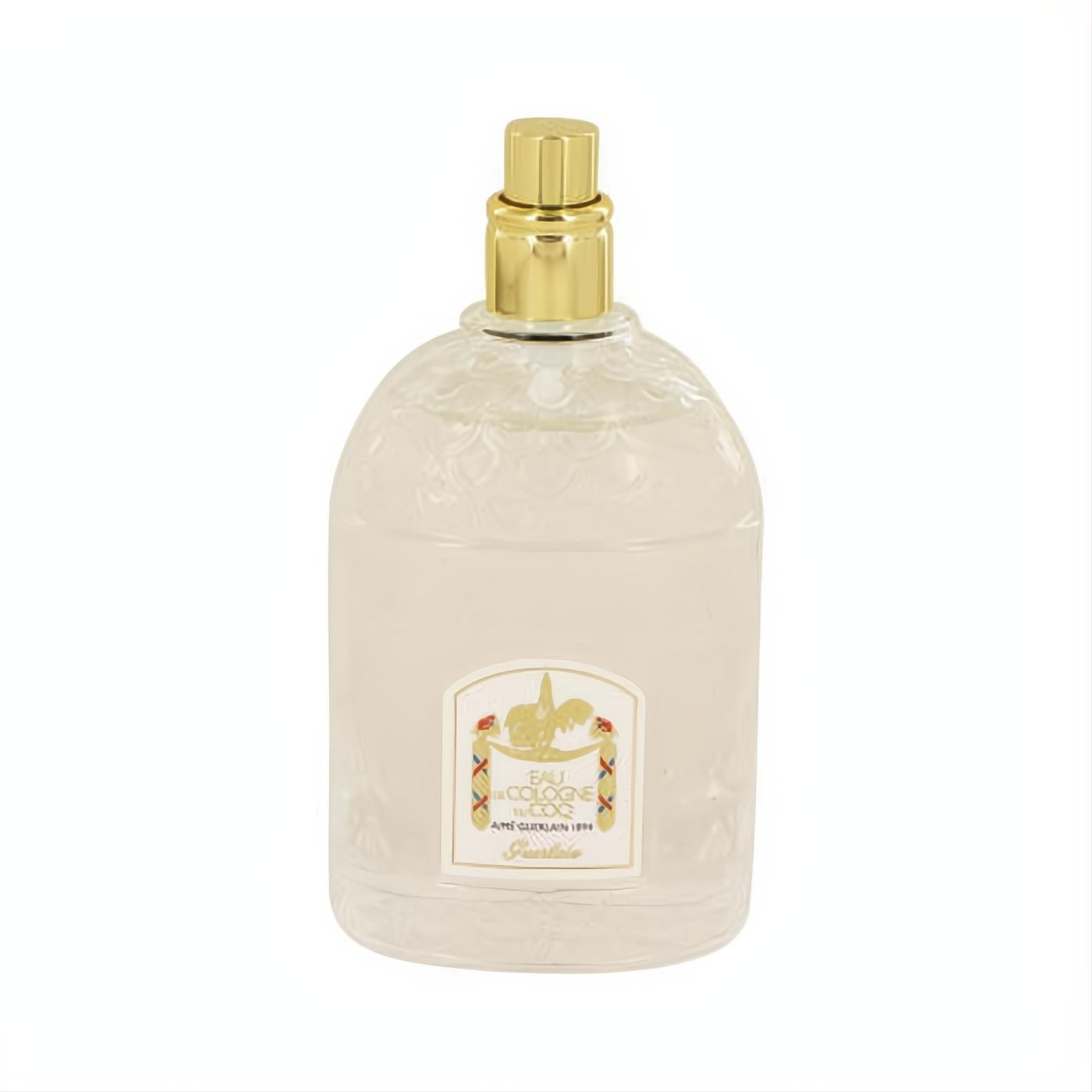 Classic Guerlain Du Coq 3.4 oz unisex cologne tester. Clear embossed glass bottle, radiant gold cap, and elegant vintage label.