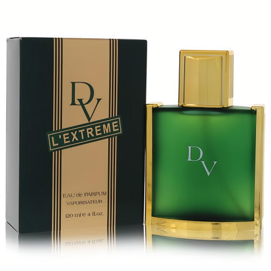 Duc De Vervins L'extreme 4 oz men's Eau De Parfum. Elegant green bottle with a luxurious gold cap and trim, beside its matching dark green and gold box.