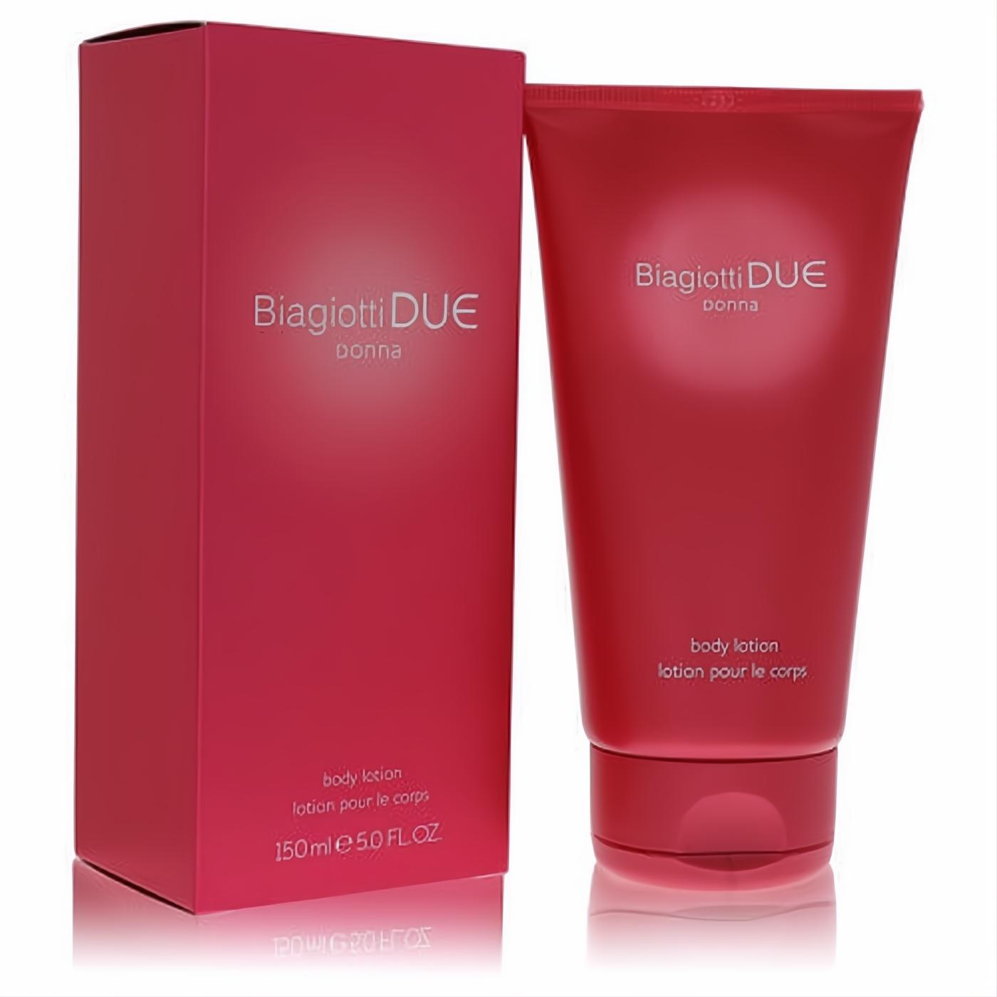 Luxurious Laura Biagiotti Due Donna 5 oz body lotion in a vibrant pink tube and matching box.