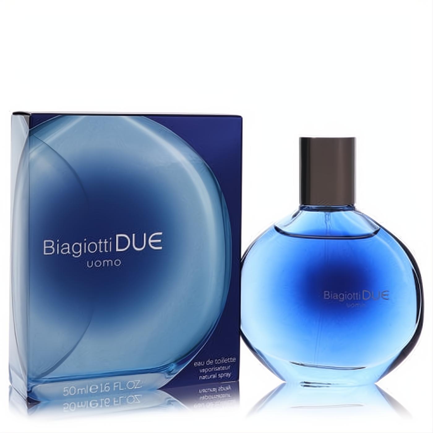 Elegant Biagiotti Due Uomo 1.6 oz EDT in a round, deep blue glass bottle with a dark cap, beside its matching box.