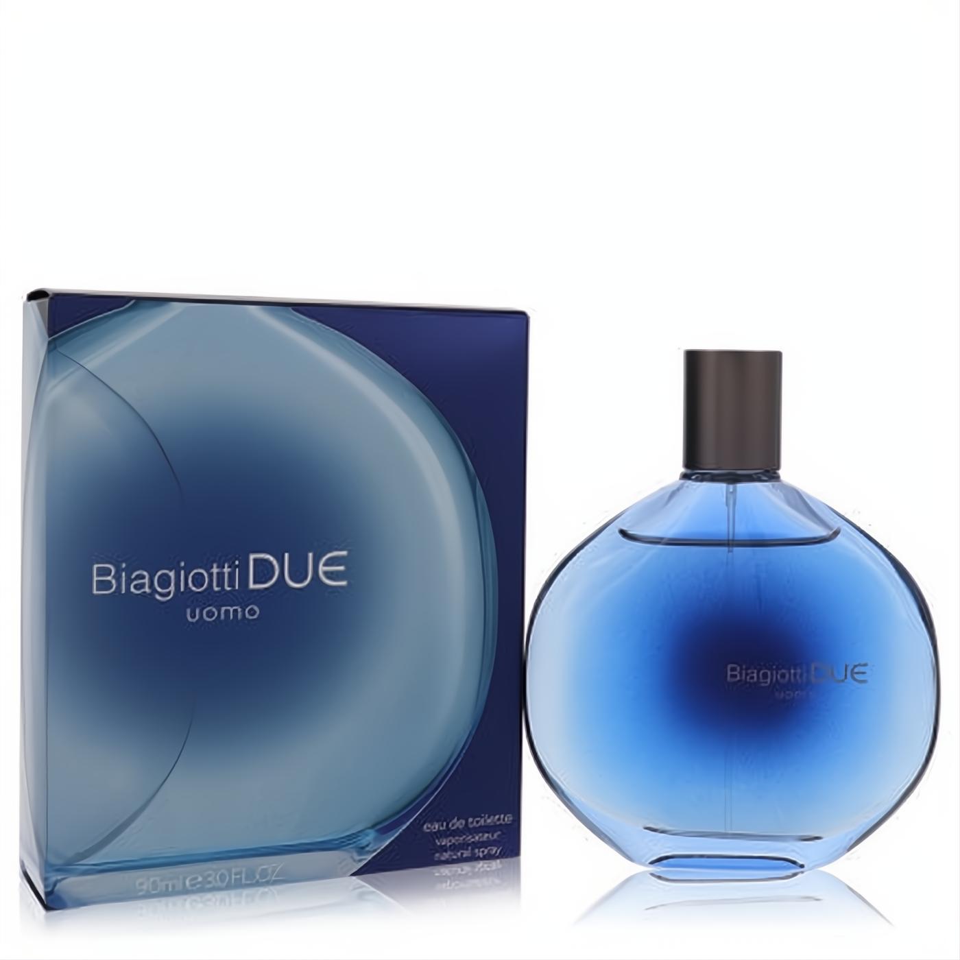 Laura Biagiotti Due Uomo 3 oz EDT. Sleek blue glass bottle and dark blue box. Discover this captivating men's fragrance.
