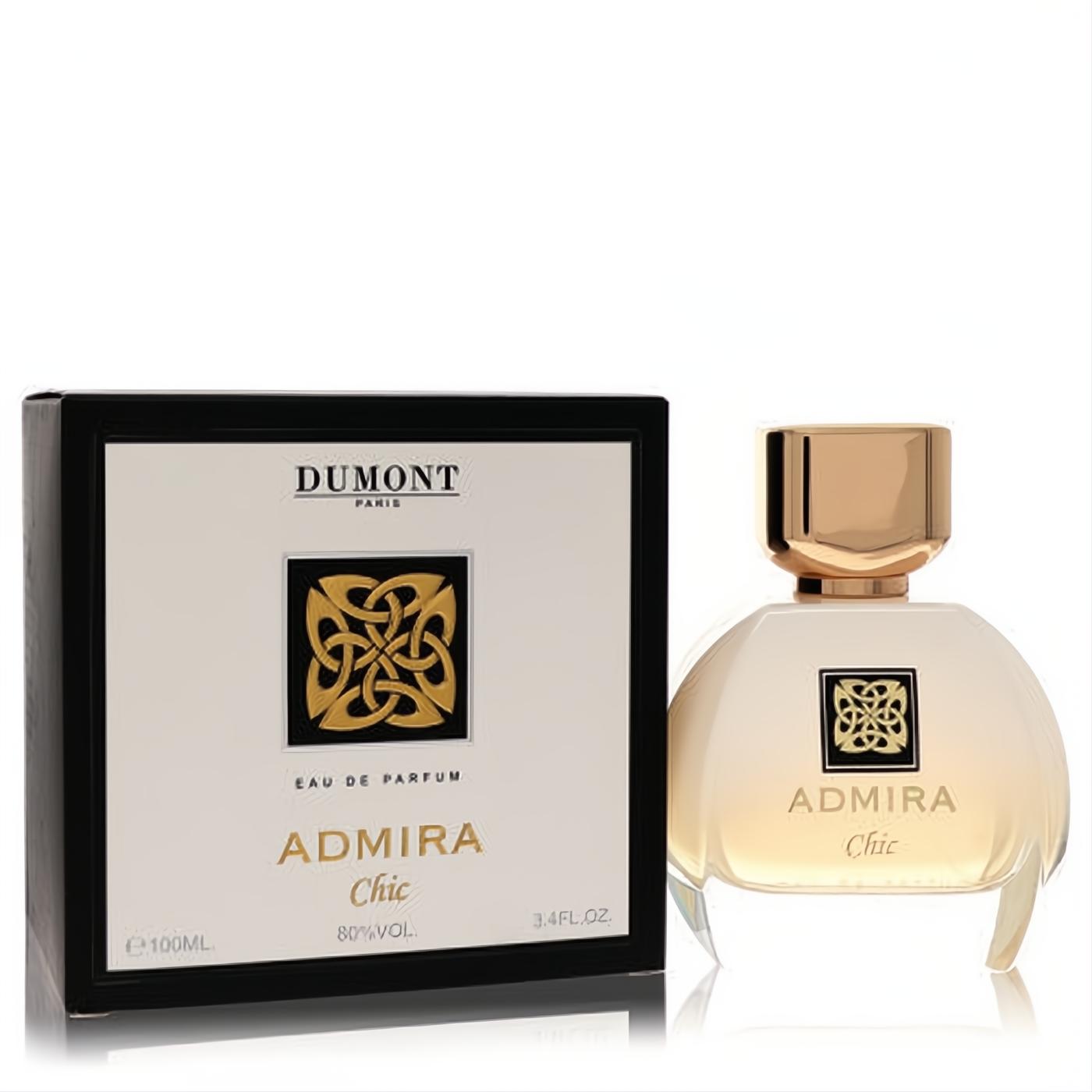 Dumont Admira Chic 3.4 oz women's Eau De Parfum. Elegant creamy bottle with a gold cap and intricate emblem.